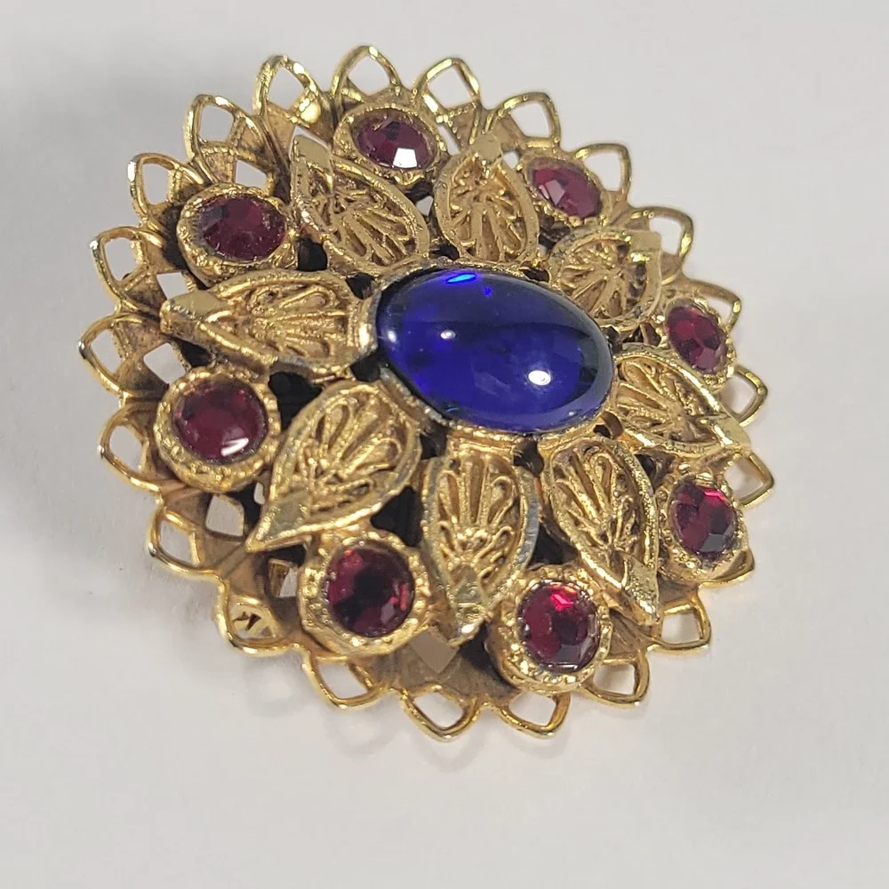 Victorian Revival Brooch Gold Tone Blue Red Faux Sapphire Rhinestones Filigree